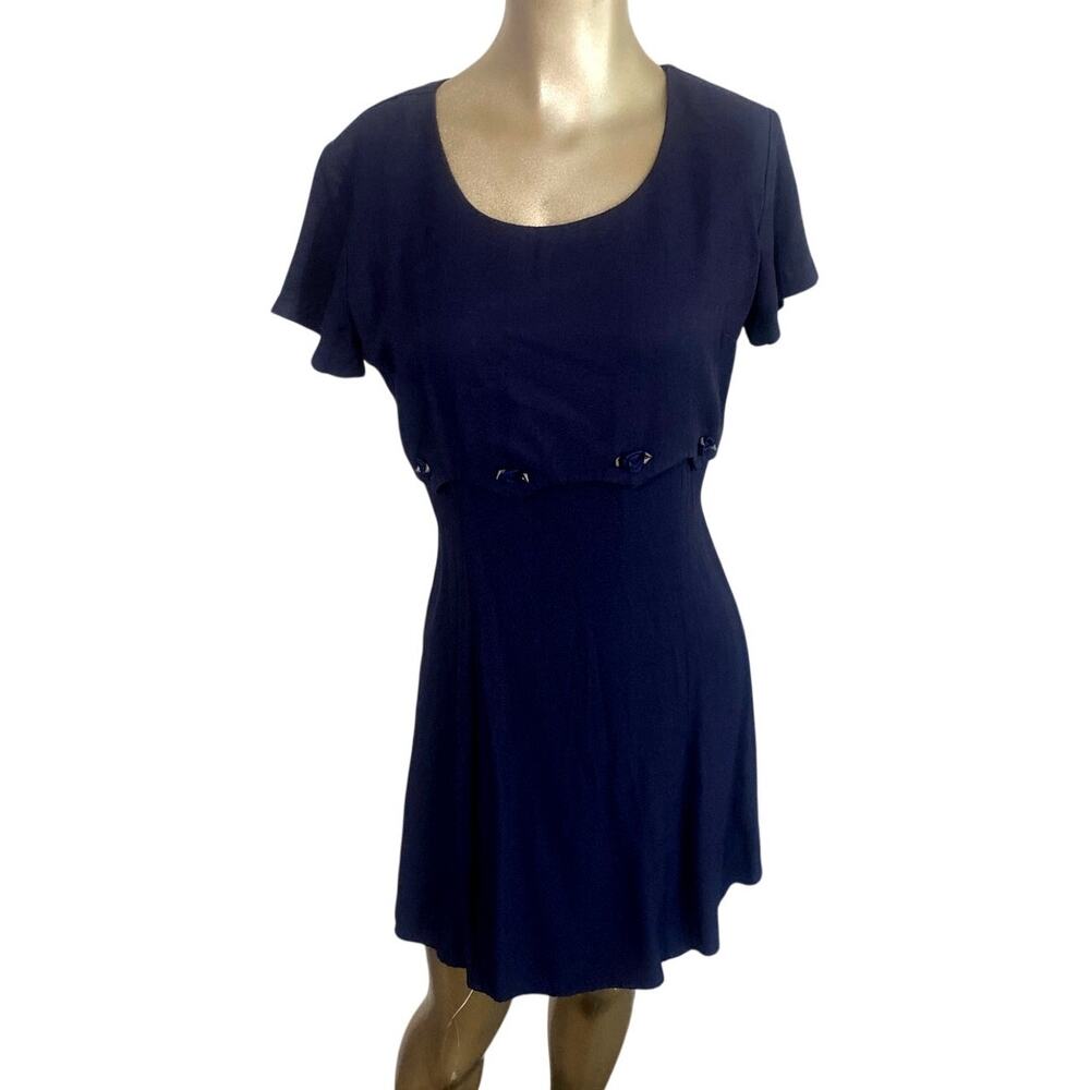 Vintage 90s Just Choon Layered Look Dress Size 9 Navy Blue Rosette Accent